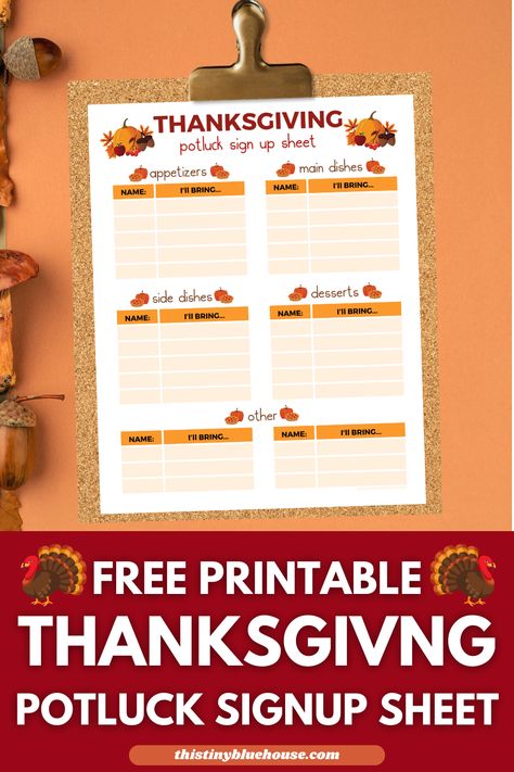 Free printable downloadable Thanksgiving potluck sheet that is a great idea if you are hosting a Thanksgiving potluck event,  or Thanksgiving potluck dinner. This free printable potluck sign up sheet is a great way to make your potluck event organized with few repeat dishes. Potluck List Template, Thanksgiving Potluck Sign Up Sheet, Christmas Party Potluck, Thanksgiving Main Course, Working Thanksgiving, Potluck Sign Up Sheet, Friendsgiving Potluck, Work Potluck, Thanksgiving Mains