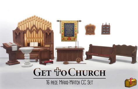 Get to Church Stuff Pack | Amanda Livingstone (aka pandorasimbox) on Patreon Sims 4 Church, Lotes The Sims 4, Sims 4 Decades Challenge, Decorative Wall Sculpture, Sims Medieval, Die Sims 4, Church Furniture, Pipe Organ, Sims 4 Mm Cc