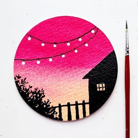 Circle Canvas Painting Ideas, Circle Painting Ideas, Circle Canvas Painting, Circular Canvas Painting, Circular Canvas, Sunset Canvas Painting, Painting Ideas Easy, Wood Art Diy, Art Kits For Kids