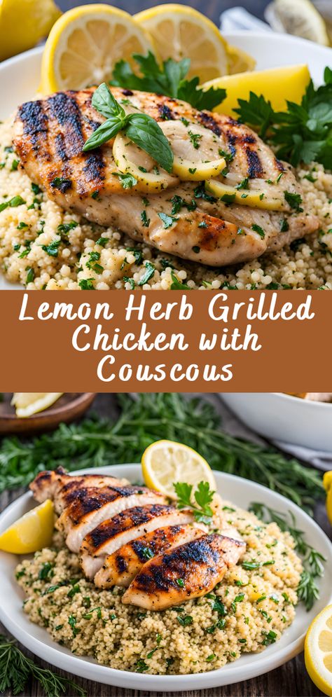 Lemon Herb Grilled Chicken with Couscous | Cheff Recipes Healthy Dinner Recipes With Couscous, Couscous Chicken Bowl, Grilled Herb Chicken Recipes, Lemon Herb Couscous Salad, Healthy Dinner Recipes Couscous, Healthy Recipes With Couscous, Couscous Side Dishes Dinner, Meal With Couscous, Healthy But Yummy Dinners