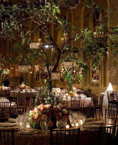 Incorporate a decorated tree to the indoor venue to create a magical forest wedding. Gorgeous! Indoor Forest, Indoor Garden Wedding, Midsummer Dream, Garden Wedding Reception, Tafel Decor, Rustic Wedding Decorations, Secret Garden Wedding, Enchanted Forest Wedding, Romantic Garden Wedding