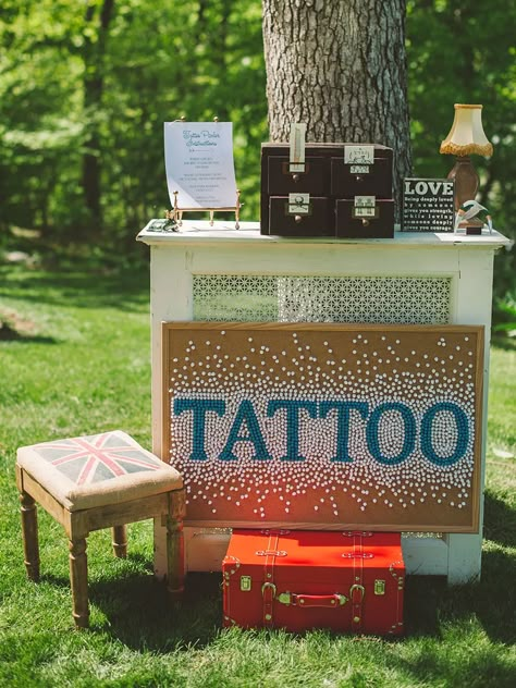 Temporary Tattoo Booth, Wedding Booth, Wedding Temporary Tattoos, Tattoo Bar, Wedding Reception Activities, Tattoo Wedding, Tattoo Station, Quirky Wedding, Camp Wedding