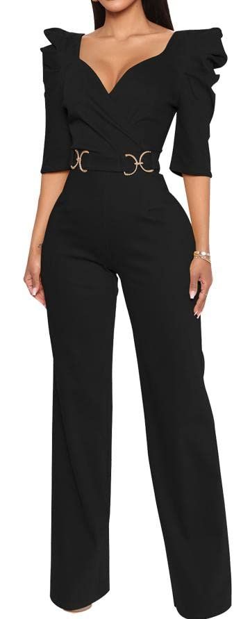 PRICES MAY VARY. 【Style】: Sexy V-Neck Puff Sleeves Women's Jumpsuit Wide Leg Pants Club Jumpsuit, perfect to show your figure, no need to worry about exposure, well-cut to make you look slimmer. We offer a variety of styles for you to choose from, with a wide range of colors, there is always one that suits you. 【Design】: The high shoulder and waist design show the elegance and sexiness of women; the long wide-leg pants perfectly shape the curves of women's legs and show their height. The sexy V- Women Evening Outfits, Pants Romper Outfit Dressy, Female Officiant Attire Wedding, Retirement Party Outfits For Women, All Black Outfit Dressy, Class Reunion Outfits For Women, Jessica Pearson Outfits, All Black Party Outfit, Jumpsuits For Women Classy