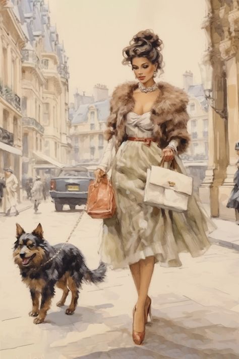 An artistic digital illustration depicting Parisian women strolling along a sidewalk with their dogs. The muted tones add a serene ambiance to the scene. This artwork is available for instant download in multiple sizes, including 1:1, 2:3, 3:4, and 4:5 ratios. Sizes range from 5x7 to 11x14 as well as A0, A1, A2, A3, A4, A5, and A6." Lady Walking Dog, Parisian Women, Parisian Life, Cat Walk, Woman Drawing, Girl And Dog, Dog Drawing, Dog Paintings, Art Block