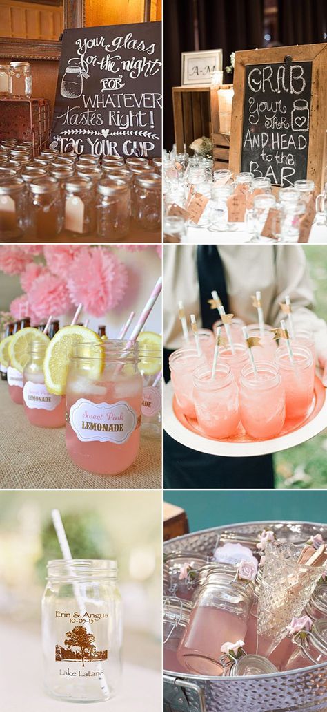 diy wedding drinks with mason jars for country wedding ideas Etched Mason Jars Wedding, Mason Jar Drinking Glasses Wedding, Wedding Mason Jars Drinks, Mason Jar For Drinks, Mason Jar Ideas For Weddings, Mason Jars For Drinking Glasses, Wedding Jar Ideas, Jar Drinks, Mason Jar Drinking Glasses