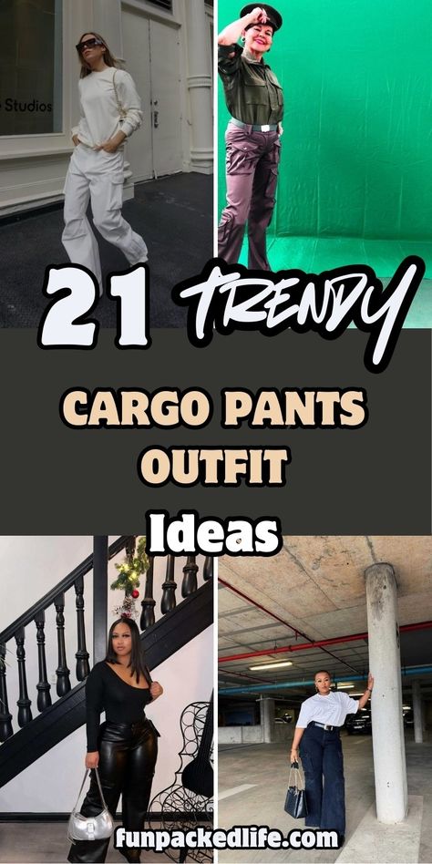 Elevate your style with these 21 trendy cargo pants outfit ideas! From casual streetwear to chic, modern looks, these outfits are perfect for any occasion. Whether you prefer a relaxed vibe or a bold, fashion-forward statement, we've got you covered. Ready to upgrade your wardrobe? Check out our full list of outfit ideas now! Heels With Cargo Pants Outfit, Styling Camo Cargo Pants Women, Cargo Pants Sneakers Outfit, Black Cargo Pants Outfit Dressy, Wide Legged Cargo Pants Outfit, Denim Cargo Pants Outfit Street Styles, Shirts To Wear With Cargo Pants, How To Dress Up Cargo Pants, What Shoes To Wear With Cargo Pants