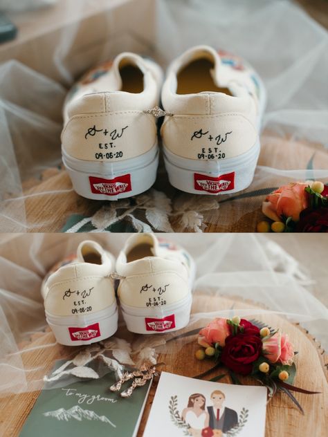 Bride Vans Wedding Ideas, His And Hers Wedding Vans, Couples Matching Wedding Shoes, Bride Wedding Shoes Vans, Painted Bridal Shoes, Wedding Shoe Ideas Unique, Groom Vans Wedding, Customised Wedding Shoes, Van Wedding Shoes