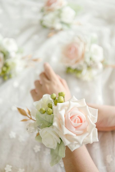 Wrist Corsages (Set of 6) - Blush Boho Wrist Corsage, Wrist Corsages Wedding, Backyard Barn, Wrist Corsages, Bridesmaid Corsage, Wedding Wardrobe, Wedding Flower Packages, Handmade Bouquets, Blush Cream