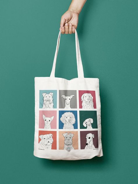 The two images show a tote bag being held at the top of the frame and hanging down into the centre.  The first image is on a teal background, the second on an orange background. There are nine different dog illustrations on each side of the bag; each dog is drawn in black and white set against a square of a different bright colour. Sublimacion Ideas, Bright Bag, Dog Tote Bag, Painted Tote, Dog Tote, Cats Tote Bag, Dog Branding, Cat Tote, Dog Bag