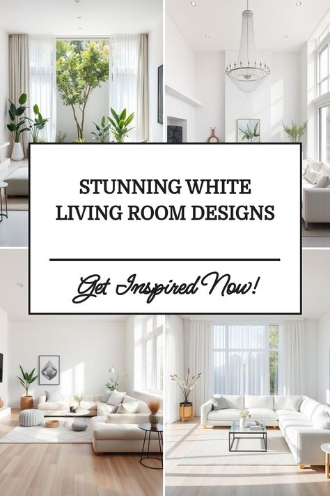 Collage of elegant white living rooms with minimalist decor and large windows. Elegant White Living Room, White Living Room Modern, Living Room Modern Classic, White Living Room Decor Ideas, Beige And White Living Room, White Living Room Designs, White Living Room Ideas, Modern White Living Room, White Living Room Decor