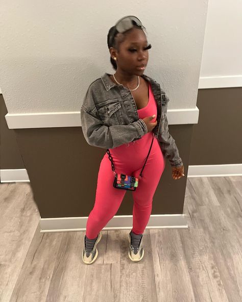 Yeezy 700v3 outfit black girl, yeezy 700v3 outfit, pink jumpsuit, grey jean jacket, soft life black girl Cute Outfits With Glasses, Outfits With Glasses, Aesthetic Outfits Black, Girl Aesthetic Outfits, Feedin Braids, College Fits, Yeezy 700, Cute Swag Outfits, Swag Outfits