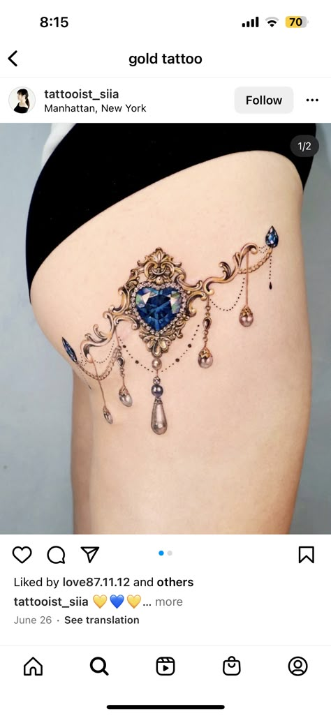 Ryan Ashley Tattoo Designs, Dangle Tattoo, Diamond Tattoo Designs For Women, Bejeweled Tattoo, Pandora Tattoo, Bead Tattoo, Jewel Tattoos, Jewellery Tattoo, Lace Thigh Tattoos