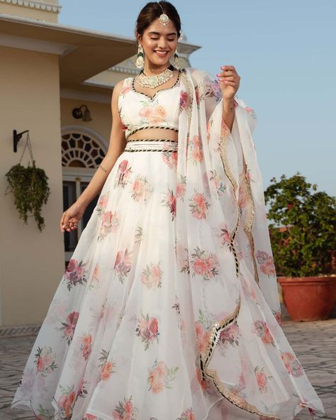 Embracing the elegance in white organza lehenga with floral print embroidery work lehenga detailing and organza dupatta 🤍✨ SHOP NOW 🛍️ gotifab.com [Indian ethnic, indian dress, handmade lehengas , indian wedding dresses, diwali sale, Navratri chaniya choli ,white lehengas ] #pinklehengas #whitelehenga #bridesmaidsdress #lenghacholi #navratrichaniyacholi #indianweddingdress #whitecroptop Organza Floral Lehenga, Floral Organza Lehenga, Organza Anarkali, Organza Frocks, Floral Organza Dress, Lehenga Choli For Women, Choli For Women, Printed Organza, Indian Lehenga Choli