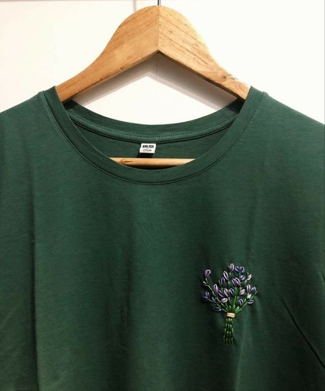 T Shirt Pocket Embroidery Ideas, Embroidery On Green Shirt, Green Sweatshirt Embroidery, Lavender Embroidery Shirt, Green Shirt Embroidery, Embroidery On Dark Green Fabric, Embroidery On Tee Shirts, Small Embroidery Designs On Tshirt, Embroidery Designs Crewneck