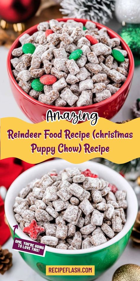 Want to make your Christmas Desserts extra special? This Reindeer Food Recipe takes traditional Puppy Chow to a festive level, making it a hit at any holiday gathering. Be sure to save this charming recipe for later, ensuring you have a go-to treat for your holiday celebrations! Holiday Puppy Chow, Christmas Puppy Chow, Reindeer Chow Recipe, Reindeer Food Recipe, Butterfinger Balls, Puppy Chow Christmas, Reindeer Chow, Puppy Chow Recipe, Chow Recipe