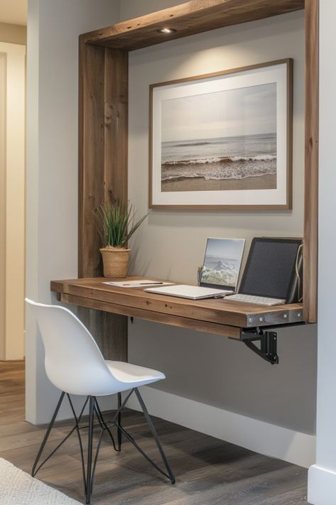 Wall Mounted Folding Table Floating Butcher Block Desk, Folding Table On Wall, Foldable Desk Ideas, Wall Desk Folding, Fold Up Desk On Wall, Office In Entryway, Home Office Floating Desk, Floating Wood Desk, Study Table Wall Decor