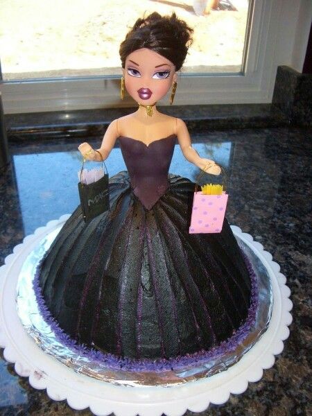 Girly/gothic doll cake Bratz Doll Cake, Punk Barbie, Gothic Barbie, Barbie Dress Cake, Barbie Doll Birthday Cake, Gothic Prom Dress, Doll Birthday Cake, Wedding Cake Cookies, Barbie Doll Cakes