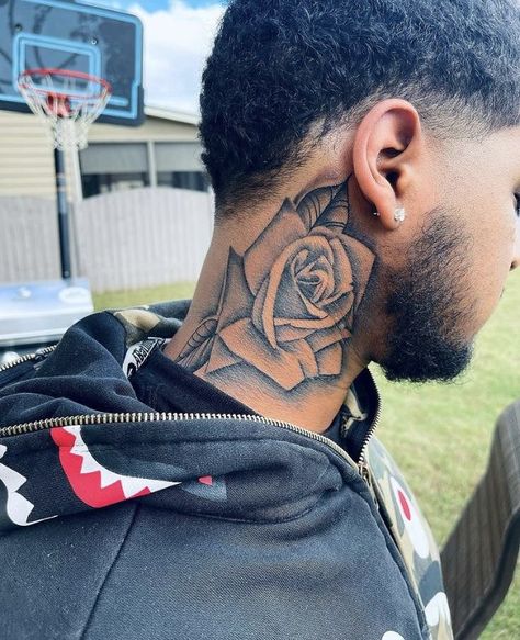 Black Guy Neck Tattoo, Mens Side Neck Tattoo, Raymond Tattoo, Rose Neck Tattoo Men, Side Neck Tattoo For Guys Ideas, Cross Neck Tattoo Men, Boy Neck Tattoos, Side Face Tattoo Men, Neck Tattoo For Guys Black Men