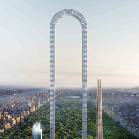 In response to the swathe of supertall luxury residential towers rising in New York, local studio Oiio has proposed a conceptual skyscraper that loops over. Skyscraper New York, Architecture Cool, Tall Buildings, Skyscraper Architecture, Building Concept, Amazing Buildings, Unique Buildings, Manhattan New York, Big Bend