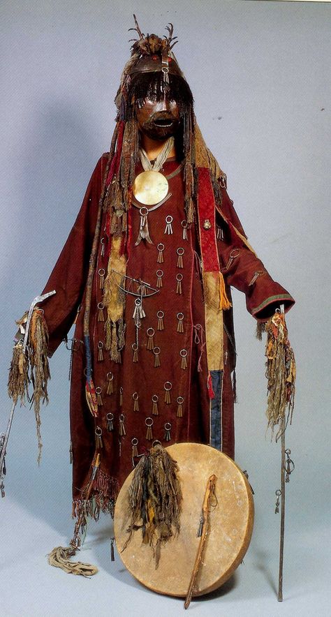 Shamon costume with copper mask , Mongolia late 18th . early 19th c Chinese Shaman, Mongolian Shaman, Shaman Costume, Shaman Mask, Shaman Ritual, Shamanic Journey, Spirit Dolls, Medieval Clothing, Development Board