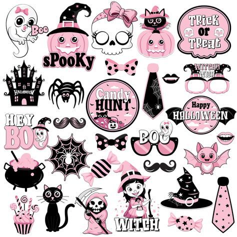 The best Halloween fonts for bloggers and content creators. Pastel Halloween Clipart, Sticker Ideas Halloween, Sketching Prompts, Pink Halloween Decorations, Pink And Black Halloween, Halloween Selfie, Pink Horror, Halloween Photo Booth Props, Nail Templates