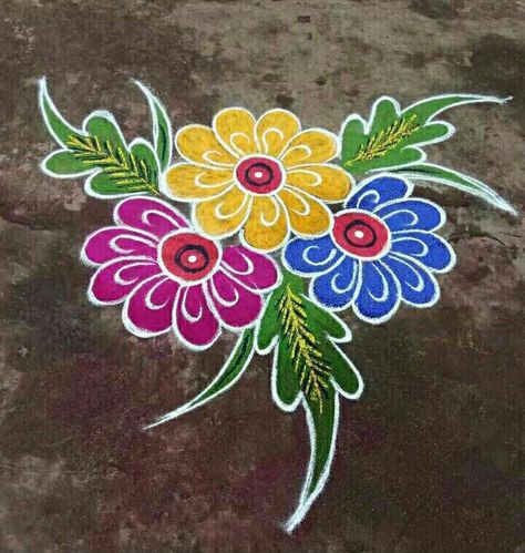 New Year Rongali, Cartoon Rangoli For New Year, Mugullu Rangoli Designs For New Year, Trendy Rangoli Designs, Creative Rangoli Designs For Competition, Rongali Design, Mugullu Rangoli Designs, Muggulu Design Simple With Colors, Rangoli Flower Design