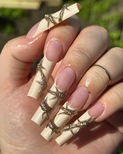 rachael | albany nail tech🍉 on Instagram: "barbed wire but make it ✨gold✨   inspo from @hollywiththegoodnails  original inspo by @hotebonynailz   . . . . #setsbyrach #acrylicnails #acrylicnailsdesign #acrylicnailtech #vbp #vbeautypure #nailsnailsnails #nailart #naildesign #abstractnails #3dnails #3dnailart #518nails #518nailtechs #518nailtech #nailaddict #chromenails #frenchtipnails #albanynailtech #albanyny #albanynynailtech #albanynynails #newyorknails #chromenailart #teamvbp #vbeautypure" Barbed Wire Nails, Gold Inspo, Wire Nails, Ny Nails, Chrome Nail Art, Hippie Nails, Punk Nails, Barbed Wire, Funky Nails