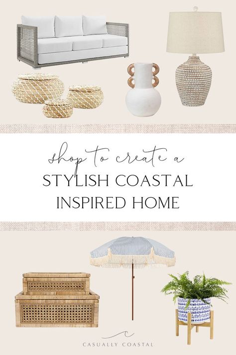 Images of coastal style home furnishings including a sofa, lamp, vase, baskets, and outdoor furniture Coastal Guest Bathroom Decor, Amazon Must Haves For Home, Coastal Guest Bathroom, Coastal Guest Bedroom, Soothing Paint Colors, Finds On Amazon, Coastal Dining Room, Guest Bathroom Decor, Wood Dining Room Table