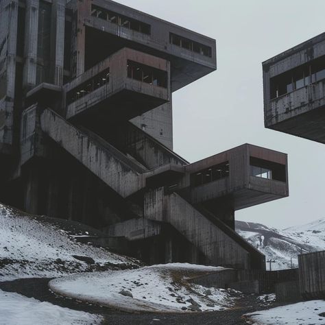 Brutalist Sci Fi, Brutalist Architecture Soviet, Brutalist Cyberpunk, Brutalist Architecture House, Cool Buildings Architecture, Brutalism Architecture Interior, Masculine Architecture, Brutalist Tower, Brutalist City