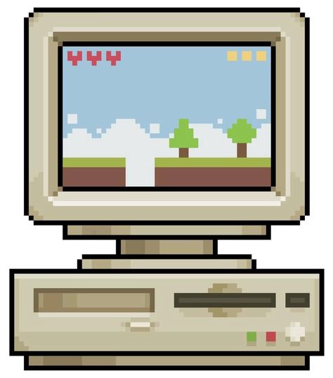 Pixel art old computer with retro 8 bit platform game vector icon for 8bit game on white background Pixel Computer Icons, Cute Game Background, Retro Game Icons, Retro Computer Drawing, Old Computer Drawing, Computer Art Drawing, 8 Bit Background, Computer Pixel Art, Pixel Game Background