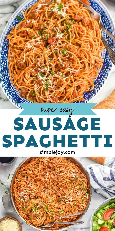 This delicious one pot Sausage Spaghetti is so easy to make, full of delicious flavor, and is perfect for a weeknight meal. This is a 30 minute meal everyone will love! Three Pieces Of Pecan One Pot Spaghetti, Spaghetti With Italian Sausage, One Pot Italian, Italian Sausage Spaghetti, One Pot Sausage, Quick Delicious Dinner, Creamy Spaghetti, Fast Easy Dinner, One Pot Spaghetti