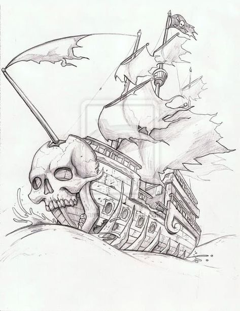 Ghost Ship Tattoo Design, Ghost Pirate Ship, Pirate Ship Drawing, Pirate Skull Tattoos, Pirate Ship Tattoos, Ghost Pirate, Ship Sketch, Pirate Ship Tattoo, Simple Draw