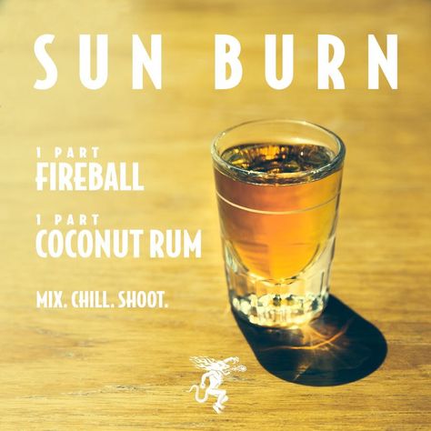 SUNBURN | Fireball + Coconut Rum | mix, chill, shoot. Cheers! Whisky Recipes, Fireball Shots, Fireball Recipes, Fireball Drinks, Fireball Shot, Fireball Whiskey, Rob Roy, Liquor Drinks, Boozy Drinks