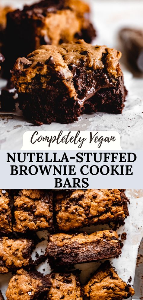 Vegan Nutella Cake, Vegan Nutella Cookies, Vegan Brookies Recipe, Nutella Brookies, Vegan Brookie, Vegan Brookies, Brownie Cookie Bars, Dairy Free Nutella, Nutella Vegan