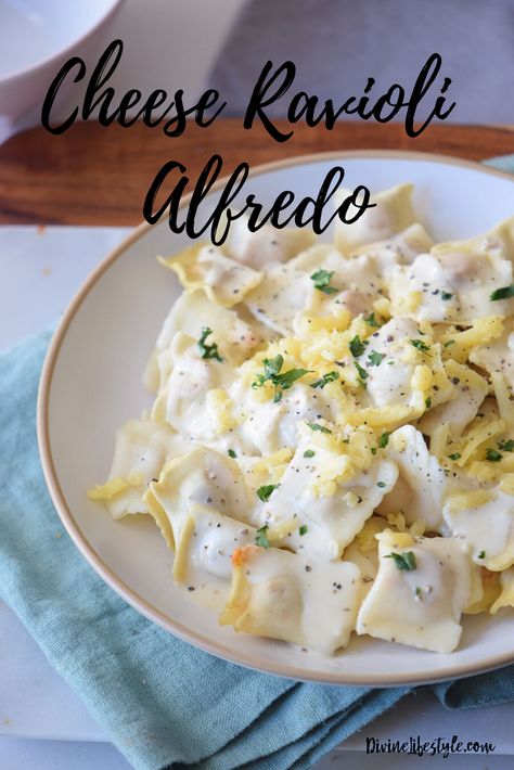 Cheese Ravioli Alfredo Recipe Pasta Dinner Divine Lifestyle Dinner Ideas With Cheese Ravioli, Meatless Ravioli Recipe, Mac And Cheese Ravioli, Cheese Ravioli With Alfredo Sauce, Cheese Ravioli Alfredo, Cheese Ravioli White Sauce, Ravioli Alfredo Recipe, Alfredo Cheese Ravioli, White Sauce Ravioli Recipe