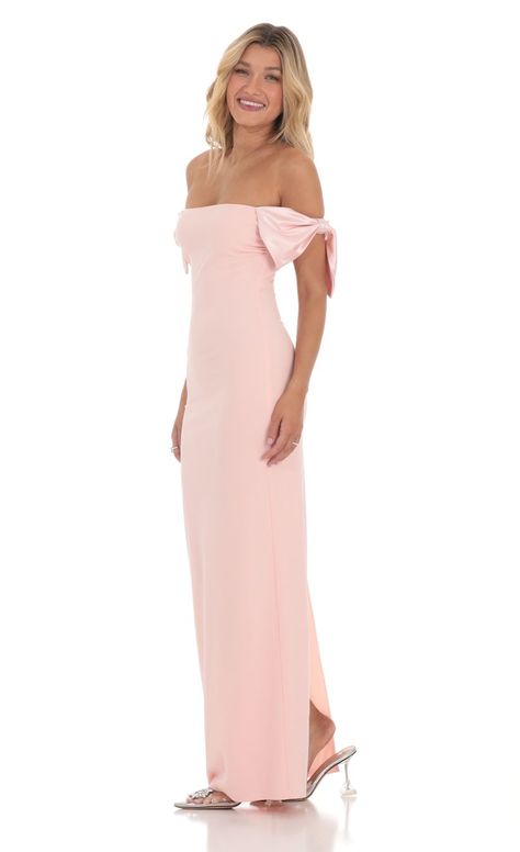 Off Shoulder Bow Sleeve Maxi Dress in Pink Long Hoco Dresses, Pink Wedding Guest Dresses, Light Pink Bridesmaid Dresses, Pastel Pink Dress, Baby Pink Dresses, Pink Long Dress, Pink Silk Dress, Maid Of Honour Dresses, Light Pink Dress