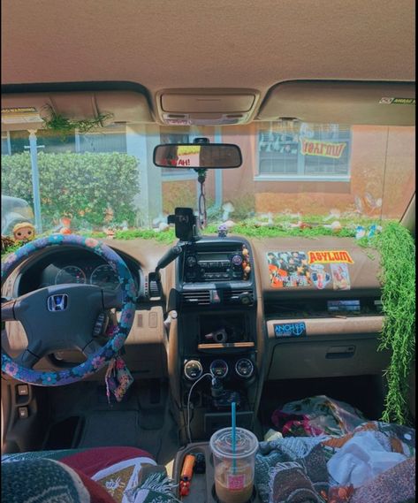 Cute Inside Of Car Ideas, Honda Crv Interior Aesthetic, Trippy Car Interior, Boho Truck Interior, Hippy Car Interior Decor, Indie Car Decor Aesthetic, Car Decorations Interior Earthy, Cool Inside Car Ideas, Decorated Car Aesthetic