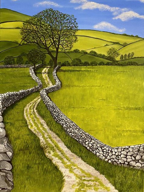 Original Art Oil Painting, measuring: 45.7W x 61H x 2.5D cm, by: Margaret Anne Jukes (United Kingdom). Styles: Expressionism. Subject: Landscape. Keywords: Stonewalls, Yorkshire Dales, Fields, Nature, Greens, Countryside, England. This Oil Painting is one of a kind and once sold will no longer be available to purchase. Buy art at Saatchi Art. Farmer Painting Ideas, English Countryside Landscape, Countryside Acrylic Painting, Farmland Landscape Painting, Yorkshire Landscape Paintings, English Countryside Painting, Green Landscape Painting, Countryside Landscape Painting, English Countryside Landscape Painting