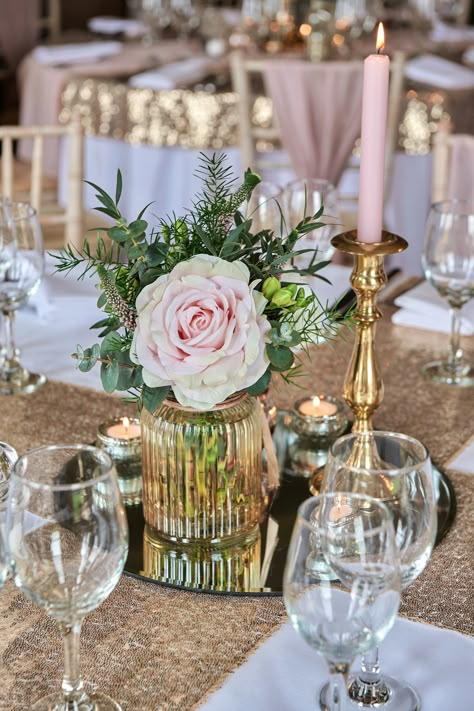 Pink And Gold Birthday Party Decorations Centerpieces, Pink And Gold Centerpieces Wedding, Wedding Reception Table Decorations Diy, Pink White And Gold Party Decoration, Mirrored Centerpieces, Coquette Quinceañera, Pink And Gold Centerpieces, Gold Wedding Reception Tables, Elegant Wedding Table Decor