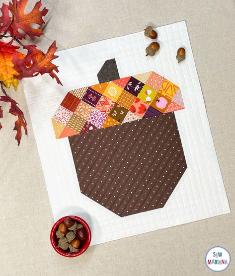 Scrappy Acorn Quilt Block Tutorial — Sew Mariana Fall Leaves Quilt Block, Acorn Quilt Pattern, Fall Leaves Quilt Pattern, Turkey Quilt Block Free Pattern, Acorn Quilt Block, Pumpkin Quilts, Leaf Quilt Block, Autumn Quilts, Themed Quilts