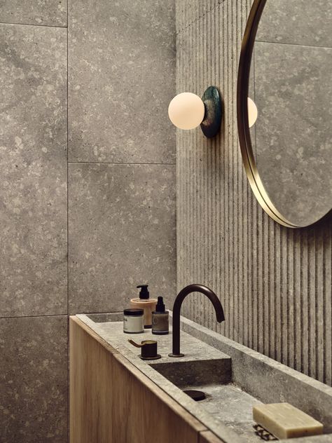 ORBIT - J Adams Lighting Valentine Bathroom, Belek, Light Works, Bathroom Laundry, Green Marble, Wet Rooms, Black Marble, Stone Wall, Showcase Design