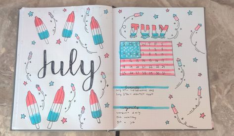 #Bujo #bujocover #julybujo #bulletjournal #journalspread #weeklyspread #monthlyspread #journalcommunity #bujocommunity #2021bujo #independenceday #doodles Journal Design Ideas, July Bujo, Bullet Journal Design, July Bullet Journal, Bujo Cover, July Events, Bullet Journal Monthly Spread, Habit Tracker Bullet Journal, Bullet Journal Weekly Spread