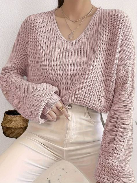 V neck Drop Shoulder Sweater Casual Long Sleeve Sweater Fall - Temu United Kingdom Picnic Photo Shoot, Lantern Sleeve Sweater, Sweater Tops, Cute Outfits For School, Loose Pullover, Long Sleeve Knit Sweaters, Sweater Pullover, Sweatshirt Dress, Shoulder Sweater