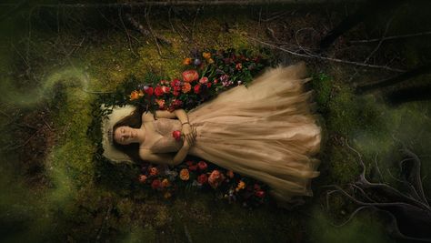 An overhead photograph of Sleeping Beauty on a forest floor surrounded by flowers. Maleificents evil fog approaches. Aroura Sleeping Beauty, Sleeping Beauty Photography, Surrounded By Flowers, Fairytale Photography, Beauty Photoshoot, Food Poster Design, Princess Aurora, Beauty Portrait, Wildflower Wedding