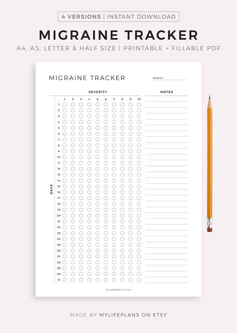 Monthly Migraine Tracker Printable Template, Headache Pain Tracker, Migraine Severity, Health Planner, A4/A5/Letter/Half, Instant Download plannergirl #studentplannerideas #plannerpeace #plannersforbusymoms. Bujo Headache Tracker, Headache Tracker Printable, Migraine Tracker Printable Free, Headache Tracker, Migraine Tracker, Health Tracker, Daily Energy, Health Planner, Hole Punches