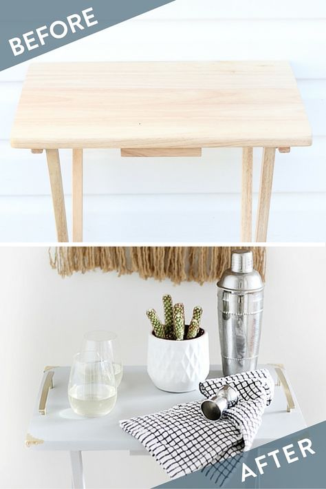 Take a boring TV tray and transform it into a modern and minimalistic bar cart to serve all your fancy drinks this summer! #["wood", "paint", "minimalist", "scandinavian", "Creative Reuse", "Dining room", "outdoor", "Desk & Tables", "How-To", "Curbly-Original", "featured"] Diy Home Bar Plans, Paint Minimalist, Tv Tray Makeover, Wooden Tv Trays, Modern Bar Cart, Tv Tray Table, Diy Pop, Modern Home Bar, Italian Cream