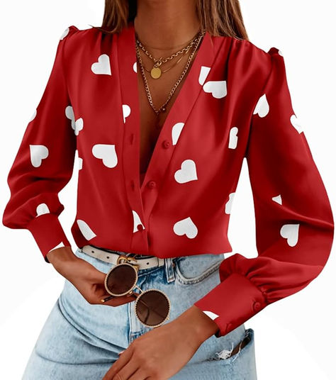 This CLUTCH long sleeve heart printed shirt is PERFECT to make a BOLD statement & stand out in the crowd. Long sleeve business tops offered in a variety of colors to stand out. Perfect for any occasion. This one will sell out quick! V Neck Blouses, Heart Print Blouse, Hearts Day, Blouses Long Sleeve, Women Chiffon Blouse, Casual Shirt Women, Blouse Models, Clothes Tops, Heart Fashion