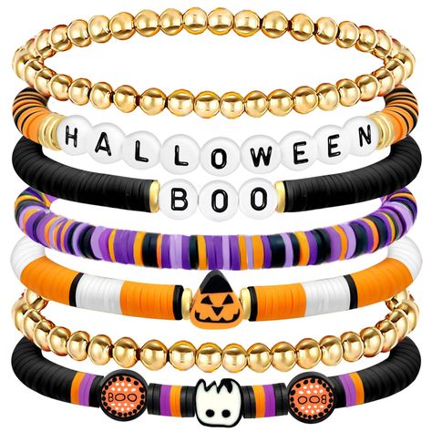 PRICES MAY VARY. Festive Charm: Elevate your Halloween look with our stackable surfer heishi bracelets, expertly crafted with preppy clay beads HOCUS POCUS SPOOKY/BOO SPOOKY/HALLOWEEN BOO that stretch to fit most wrist sizes Spooky Yet Stylish: This 7-piece set features Halloween-themed charms, perfectly blending spooky elements with fashionable accessories for any party, costume contests or cosplay event Versatile Wear: Mix and match these clay bead bracelets to complement various outfits — fro Sugar Skull Jewelry Diy, Halloween Beaded Bracelet, Bracelet Preppy, Bead Stretch Bracelets, Boho Bracelets Stack, Heishi Bracelets, Bracelets Stack, Outfits Jewelry, Sugar Skull Jewelry