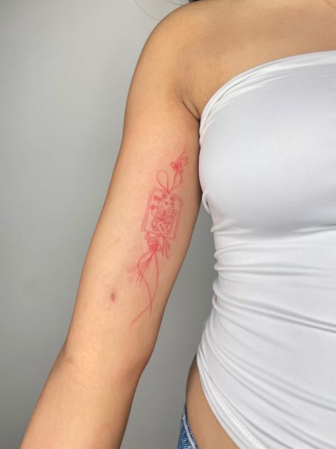 Upper Arm Women Tattoo, Fine Line Chinese Tattoo, Asian Arm Tattoo, Red Envelope Tattoo, Japanese Charm Tattoo, Asian Tattoo Ideas, Red Arm Tattoo, Red Fine Line Tattoo, Lucky Charm Tattoo