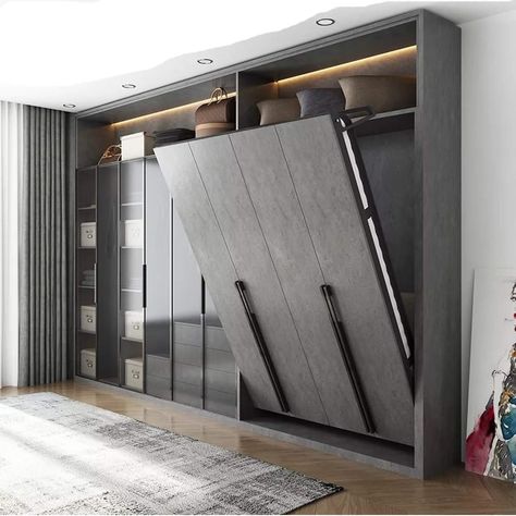 Murphy Door Wall, Folding Beds Space Saving, Glass Door Closet, Glass Door Wardrobe, Hidden Wall Bed, Murphy Bed Mechanism, Mid Century Modern House Exterior, Guest Room Office Combo, Bookshelves With Tv